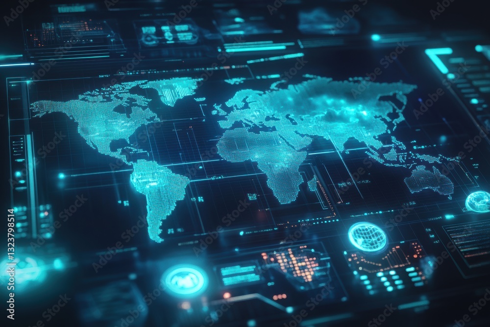 Poster world map on digital interface: a captivating digital interface showcases a glowing world map, inter