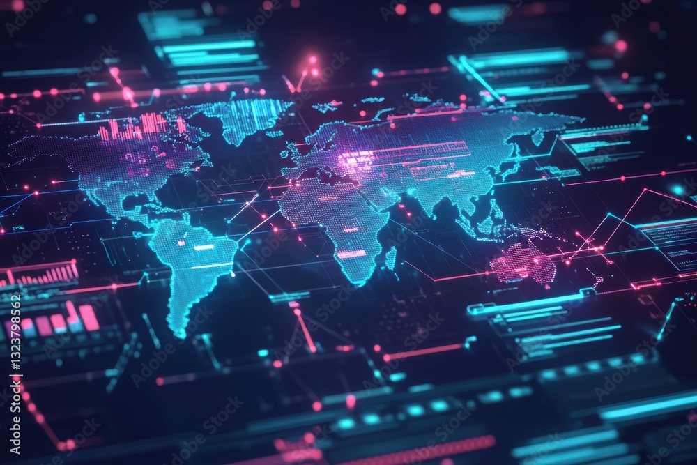 Poster global connectivity: world map illuminated by network data and digital interface, representing inter