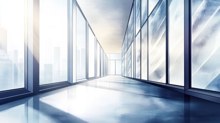Modern Office Corridor with Panoramic City View and Sunlight Streaming Through Large Windows