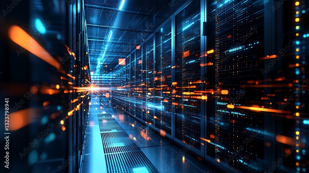 Wall mural futuristic data center server room with glowing lights and powerful computing infrastructure for clo
