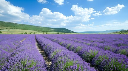 Fototapeta premium A photo of blooming lavender fields under a blue sky