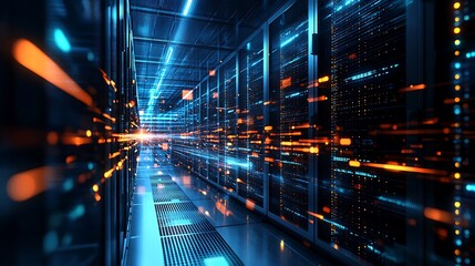 Futuristic Data Center Server Room with Glowing Lights and Powerful Computing Infrastructure for Cloud Storage Solutions.