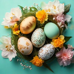 Generated imageSpring Colors, Easter Decorations of Flowers and Eggs.