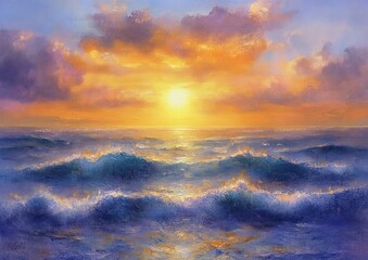 Fototapeta premium Impressionist Sunset Ocean View with Vibrant Colors and Textured Waves Reflecting Golden Light