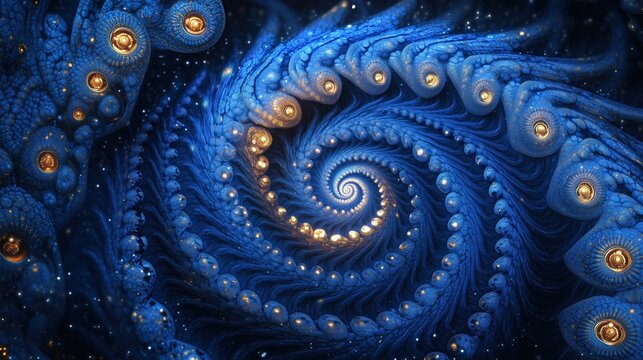 Intricate fractal spiral with golden highlights creates a mesmerizing visual effect, suitable for backgrounds and abstract designs. Ai generated