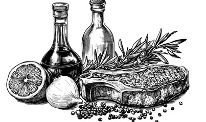Herbs and spices with steak, olive oil, and vinegar bottles - linear icons set vector.