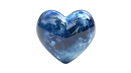 Blue crystal heart reflecting cloudy sky on transparent background