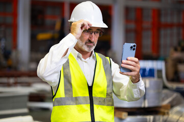 Senior manager Quality inspector using smartphone metal sheet profiling factory. Industrial production. Teamwork