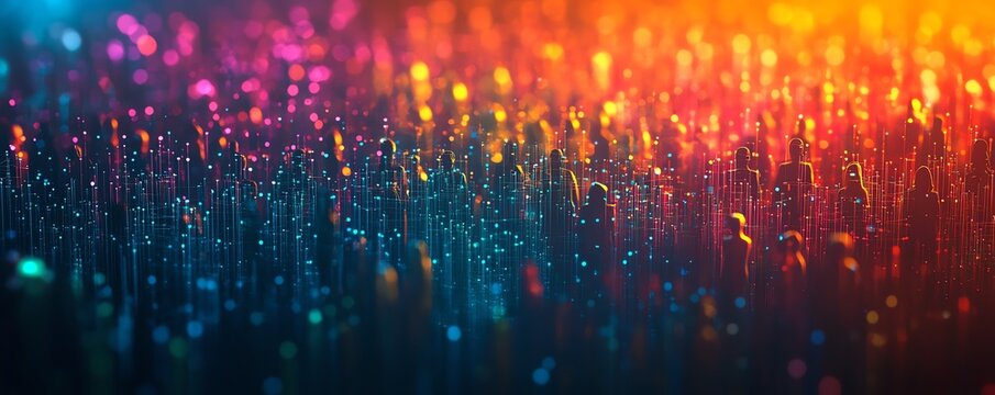 A sleek, colorful digital representation of diverse audience figures, illustrating personalized marketing insights, highresolution, futuristic design, 8K, vibrant background