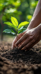 Fototapeta premium Nurturing Growth: A close-up view of hands carefully planting a small sprout, symbolizing new life, environmental stewardship and nature's rejuvenation.