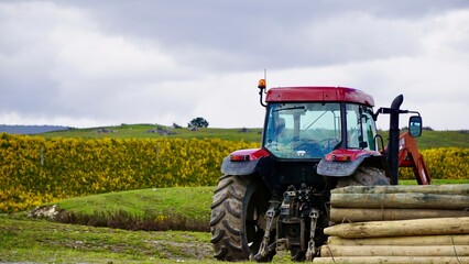 Red tractor in a lush meadow with a stack of logs in a New Zealand farm