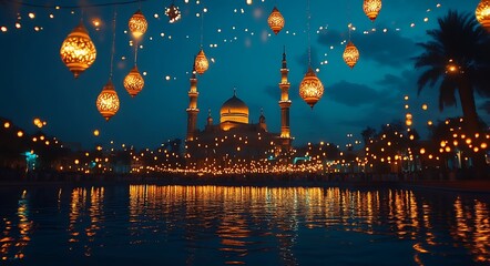 Serene Night with Floating Lanterns Above Mosque and Calm Waters Under Deep Blue Sky
