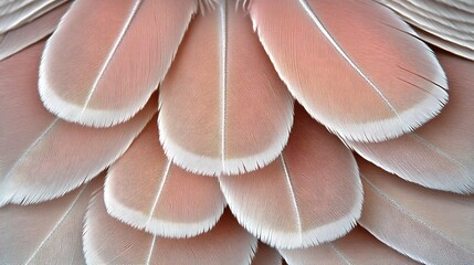 Close up photograph shows overlapping feathers with delicate pastel colors
