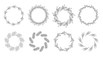 Set of round wreath with twigs and leaves. Black and white linear vector illustration. Plant garland with empty space for text. Contour drawing different branches in circle.