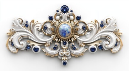 Ornate blue sapphire, gold, white jewel design, isolated background, interior decor