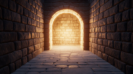 Obraz premium Ancient stone dungeon with illuminated archway, creating mysterious atmosphere. textured walls and cobblestone floor enhance medieval feel of scene