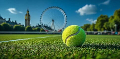 Close-Up of Tennis Ball on Grass Court with Big Ben and London Skyline in Background