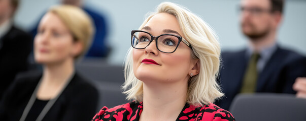 Obraz premium Attentive blonde woman with glasses and red lipstick at business conference. Corporate training