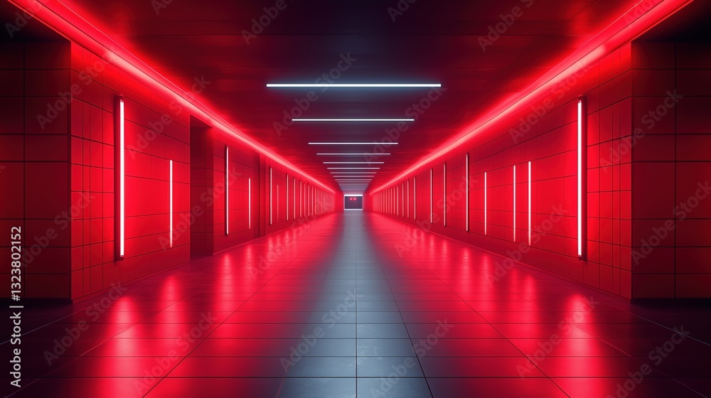 Poster futuristic corridor with red neon lights and reflective floor leading to a mysterious door. ai gener