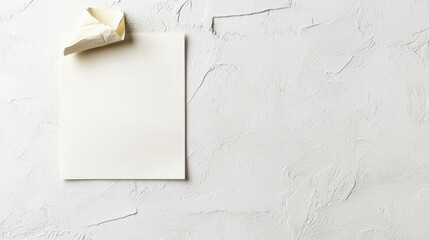 Blank paper sheet taped on white textured wall background, perfect for design mockups.