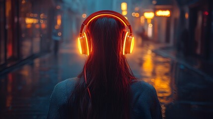 Obraz premium Young woman with glowing headphones stands in a rainy street, illuminated by city lights