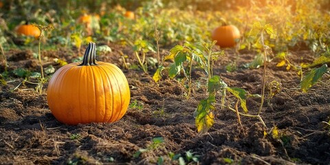 Pumpkin patch in countryside with autumn foliage vibrant green shadows sunlight