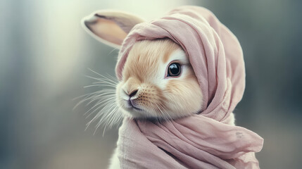 A baby bunny with velvety cream-colored fur, wearing a delicate pastel pink silk headscarf, elegantly draped and tied under its chin
