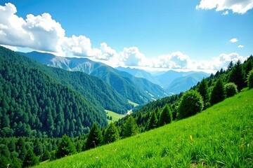 Obraz premium Lush greenery covers the slope of mountains that touch the blue sky above, greenery, mountain slope, forest