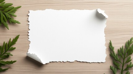 Fototapeta premium Blank torn paper sheet on wooden surface with green leaves for creative design.