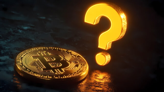Golden bitcoin badge with a question mark