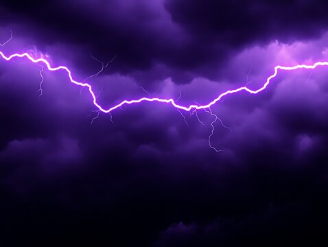 A vibrant purple lightning strike amidst dark stormy cloud formations