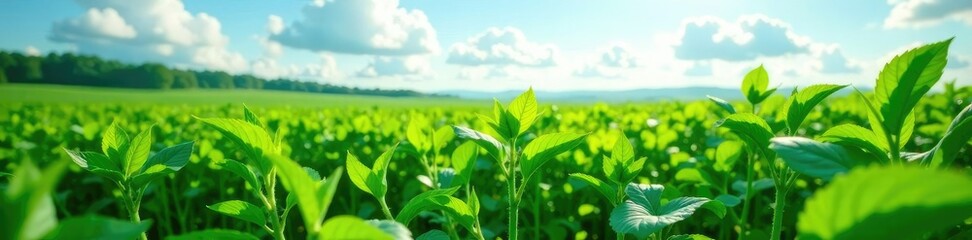 Obraz premium Lush green soybean plants stretch towards the sky, nature, field
