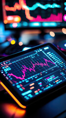 Obraz premium Market Trend Analysis: Digital data visualized on a tablet and monitor, depicting real-time stock market fluctuations with vibrant lines and colors.