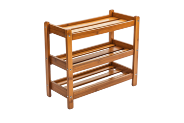 Bamboo shoe rack with adjustable tiers isolated on transparent white background