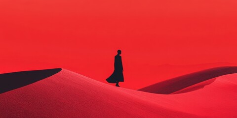Obraz premium Solitary Figure in the Crimson Desert: A lone figure, draped in a flowing silhouette, navigates the vast expanse of a surreal red desert landscape. Evoking feelings of isolation and contemplation.