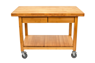 Rolling kitchen cart with butcher block top isolated on transparent white background