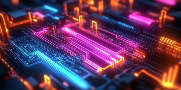 High Speed Data Transfer Circuit Board with Glowing Neon Lines and Quantum Processing in Cyberpunk Style