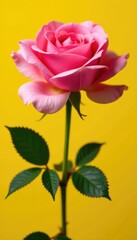 Fototapeta premium Pink rose in full bloom against a yellow background, blossoms, flowers