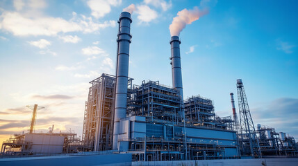 Modern industrial power plant with chimneys emitting smoke against sunset sky.