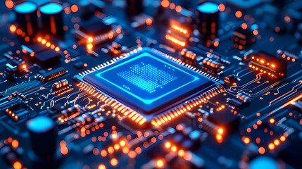 Glowing blue chip on a circuit board with lights