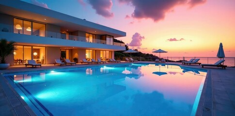 Fototapeta premium Piscina azul con edificios de Zona Marina a la luz del atardecer rojizo, Playa, Mar, Edificio