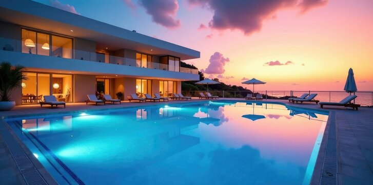 Piscina azul con edificios de Zona Marina a la luz del atardecer rojizo, Playa, Mar, Edificio