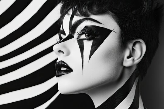 Fototapeta Side portrait displaying unique black and white abstract face painting featuring sharp lines and bold patterns. Background seamlessly blending with facial design enhancing visual interest