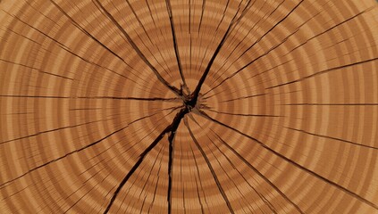 Fototapeta premium Detailed cross-section image showcasing tree rings and crack patterns on a natural wooden circle