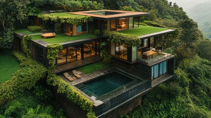 Obraz premium Emerald Estate: A stunning modern home nestled on a lush hillside, seamlessly blending architecture with the natural environment, featuring a pool, a green roof, and panoramic views.