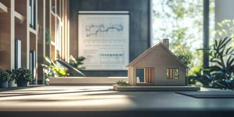 Dream Home: Miniature house sits on a desk, symbolizing the dream of homeownership amidst an office setting, with a focus on real estate and investment concepts. 