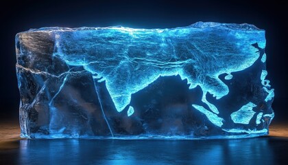 Fototapeta premium Abstract illuminated map of a continent in a glowing blue glass cube on a dark background with reflection. Digital representation of the world