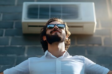 a man wearing sunglasses and an air conditioner on the wall.