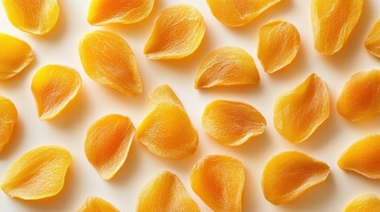 A vibrant tapestry of dried mangoes, their golden hue radiating warmth and their chewy texture promising a burst of sunshine in every bite, lay proudly on a stark white backdrop, a testament to the
