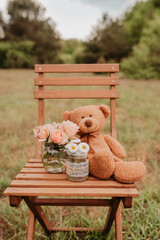Teddy sitzt auf Holzstuhl mit Rosen und Gänseblümchen auf einer Wiese - Geburtstag, Freude, Liebe